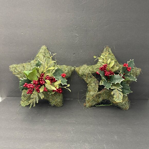 Rustic Christmas Star Wreaths With Artificial Holly & Berries Set Of 2 Farmhouse - Picture 1 of 11